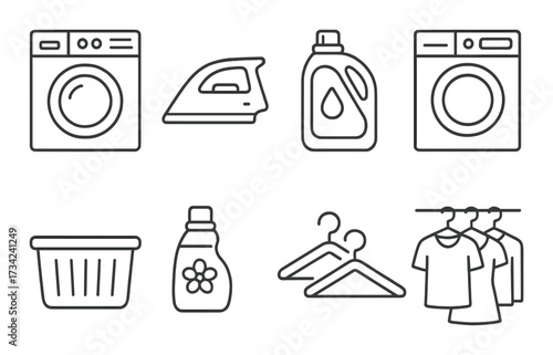 Laundry icons set featuring washing machines, detergent, iron, basket, hangers, and shirts