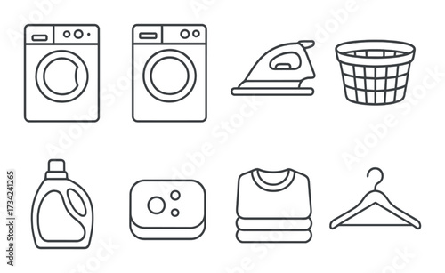 Laundry icons: washing machine, dryer, iron, basket, detergent, soap, folded clothes, hanger