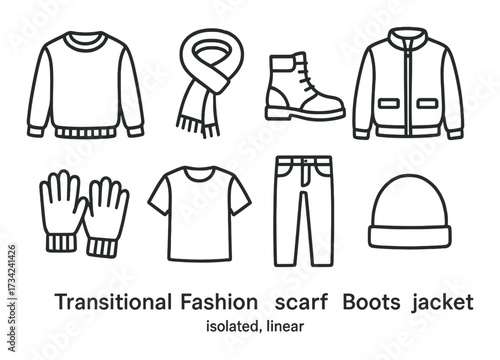 Linear icons of transitional fashion items: sweater, scarf, boots, jacket, gloves, t-shirt, jeans, hat