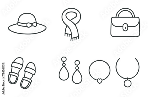 Black and white accessory icons featuring hat, scarf, handbag, sandals, earrings, necklace