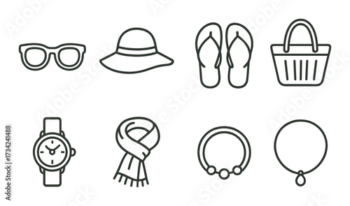 Minimalistic icons of summer accessories on olive background