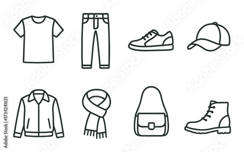 Outline icons of casual clothing and accessories on green background