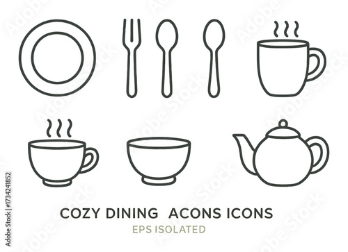 Cozy dining icons: plates, cutlery, mugs, teacups, teapot, bowl