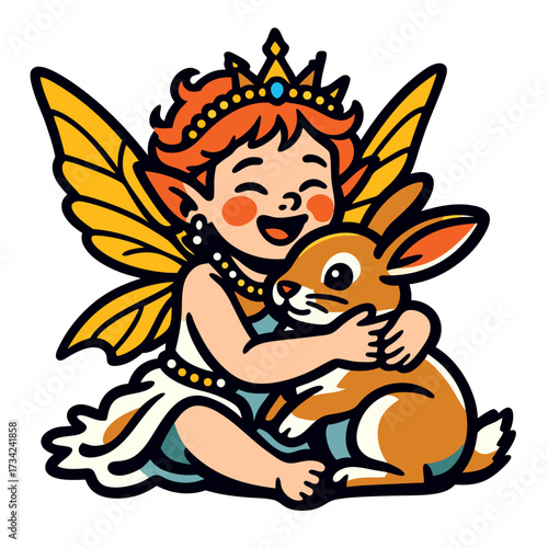 Fantasy fairy girl with orange hair and golden wings hugging brown rabbit with loving expression magical scene with warm atmosphere detailed character design in colorful imaginative cartoon style art