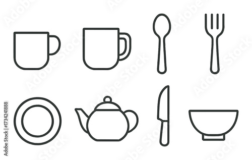 Minimalistic kitchenware icons on olive green background