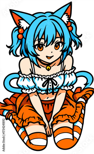 Cute blue haired maid girl character in a frilly dress with ribbon bow sitting pose cheerful expression big eyes and soft shading in bright colors creating a playful anime style portrait 