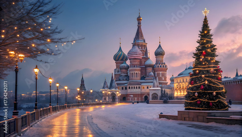 St Basils Cathedral Moscow Christmas Celebration with Decorated Tree and Lights Russia winter Full HD 4K Video Download 2025 2026