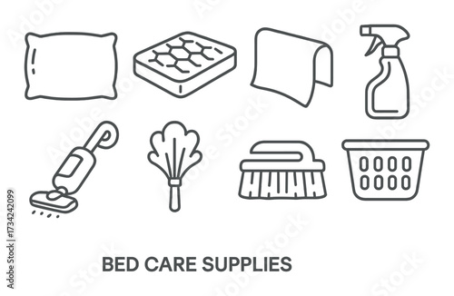 Household cleaning icons: vacuum, spray, broom, brush, laundry basket, pillow, towel