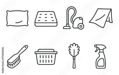 Camping and cleaning icons: pillow, tent, vacuum, brush, and spray bottle