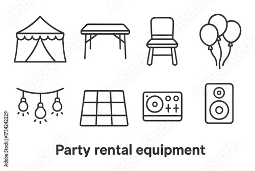 Party rental equipment icons: tent, table, chair, balloons, lights, dance floor, dj, speaker