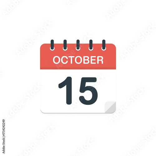 A flat design digital 15 october calendar icon on transparent  background.  