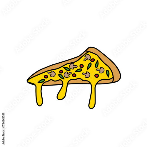 Illustration of a slice of pizza. Illustration of pizza food. Illustration of pizza with melted cheese. Hand-drawn pizza illustration
