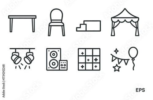 Event equipment icons: table, chair, stage, tent, lights, speakers, dance floor, balloons