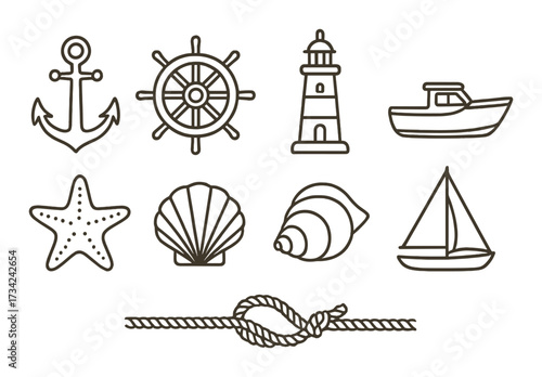 Nautical symbols: anchor, lighthouse, boat, starfish, shells, sailboat, knot