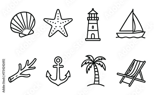 Nautical icons: shell, starfish, lighthouse, sailboat, coral, anchor, palm tree, deck chair