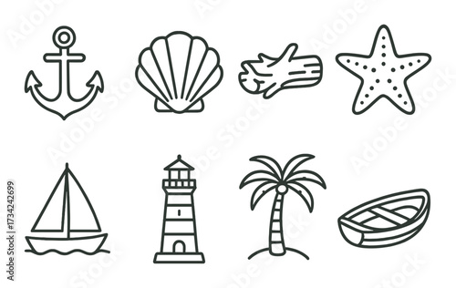 Nautical icons: anchor, shell, log, starfish, sailboat, lighthouse, palm tree, boat