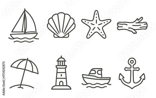 Nautical icons: sailboat, shell, starfish, driftwood, umbrella, lighthouse, boat, anchor