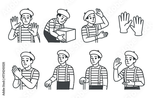 Mime performance: caucasian male in classic outfit illustrating expressive hand gestures