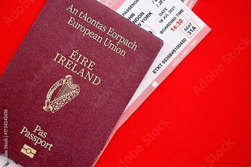 Ireland passport and airlines boarding pass tickets. Travel flights and avia tourism in Europe