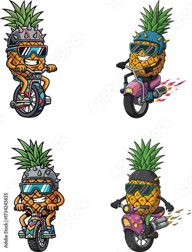 Four pixel art cartoon pineapples on unicycles and motorcycles isolated on white backgroundFour pixel art cartoon pineapples on unicycles and motorcycles isolated on white background