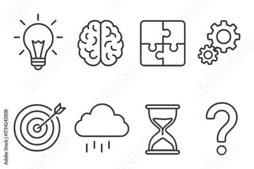 Outline icons of lightbulb, brain, puzzle, gears, target, cloud, hourglass, question mark on grunge background