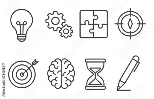 Creative icons: lightbulb, gears, puzzle, target, brain, hourglass, pen on metallic background