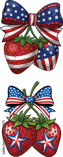 Strawberries and bows decorated with american flag pattern,white background