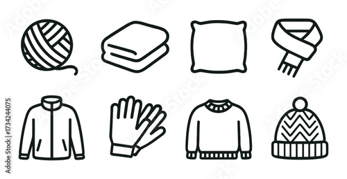 Cozy winter clothing and accessories icons on olive green background