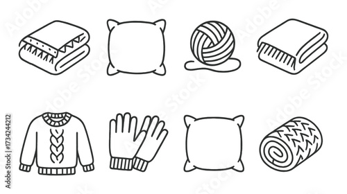 Cozy winter essentials: blanket, pillow, yarn, sweater, gloves, and quilt icons