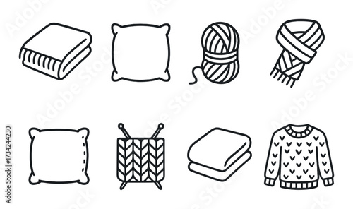 Cozy home essentials: knitted scarves, yarn balls, pillows, blankets, sweaters