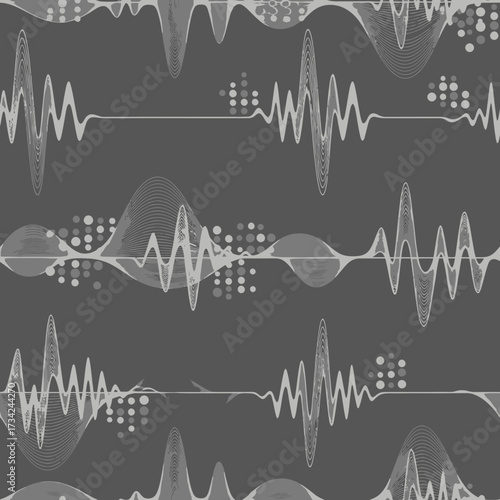 Abstract Seamless Pattern of Grayscale Sound Waves and Audio Frequencies. EPS Editable