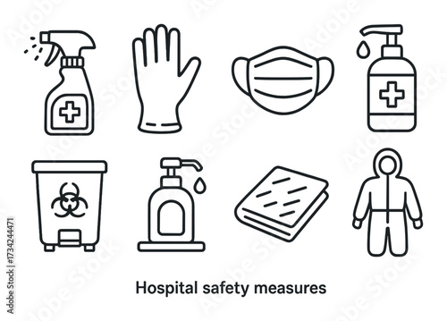 Hospital safety measures: sanitizer, mask, gloves, biohazard, protective suit icons