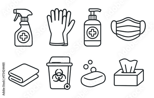Essential hygiene icons: sanitizer, gloves, mask, towel, waste bin, soap, tissues