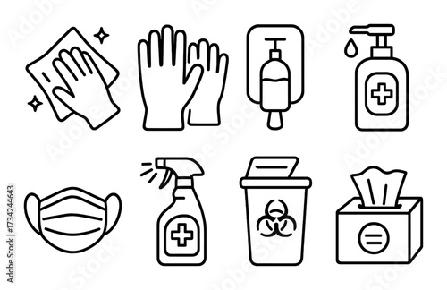 Hygiene and cleaning icons: soap, gloves, mask, disinfectant spray, waste bin, sanitizer, tissues