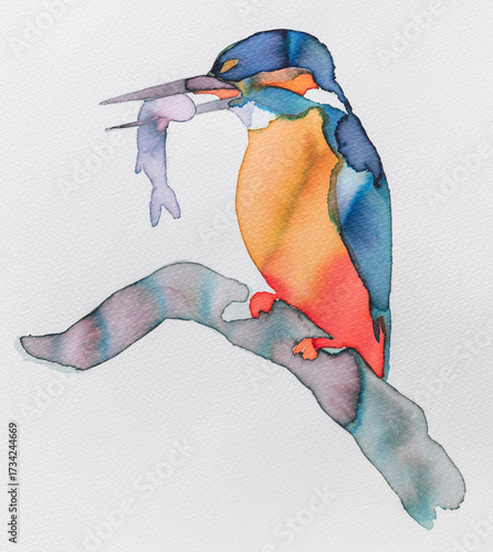 Wallpaper Mural Colorful watercolor painting of a kingfisher perched with a catch on a branch Torontodigital.ca