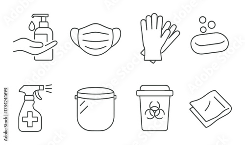 Outline icons of hygiene and safety equipment including mask and gloves
