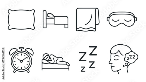 Sleep icons set: pillow, bed, blanket, mask, alarm clock, sleeping person, zzz symbols