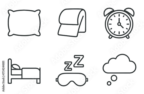Monochrome sleep icons: pillow, blanket, alarm clock, bed, sleep mask, thought cloud