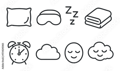 Sleep icon set featuring pillow, sleep mask, blanket, alarm, clouds, and relaxed faces