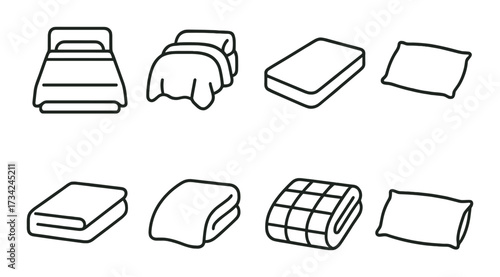 Collection of bedding essentials: beds, mattresses, pillows, and blankets illustrations