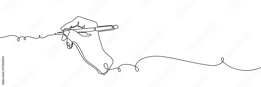 Obraz premium Continuous one line pen hand pencil write one art icon book journal sketch. Sign line pen hand vector signature letter notebook person background contract document single legal white school paper