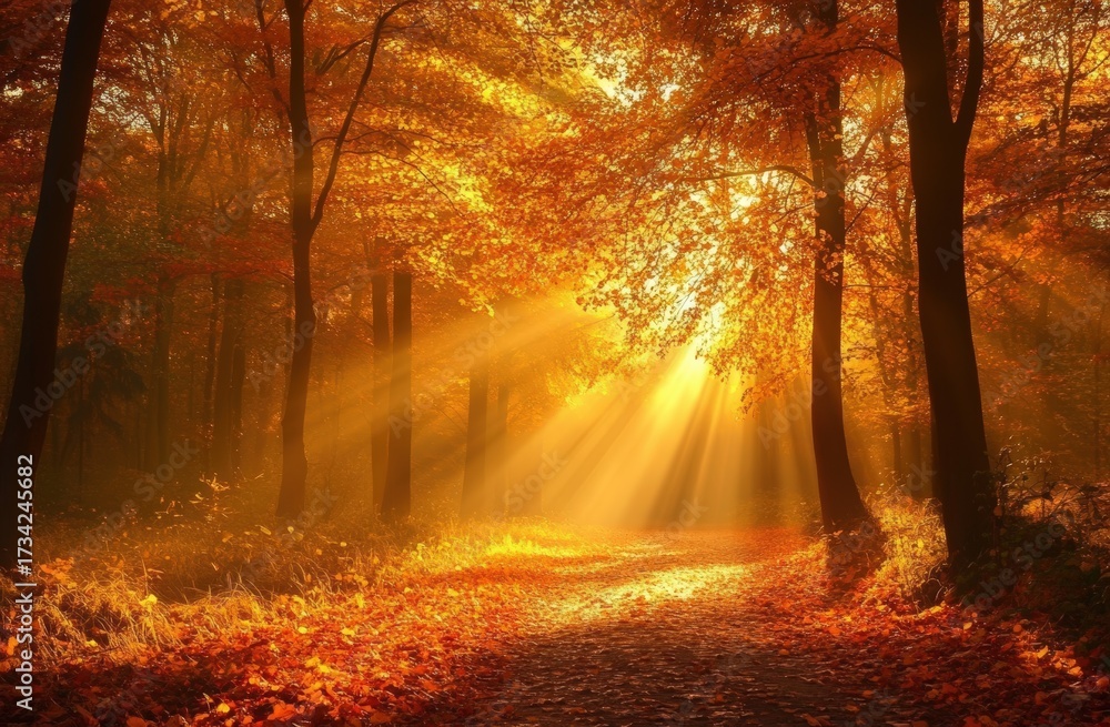 Obraz premium A serene forest path illuminated by golden sunlight filtering through vibrant autumn leaves, creating a warm, tranquil atmosphere.