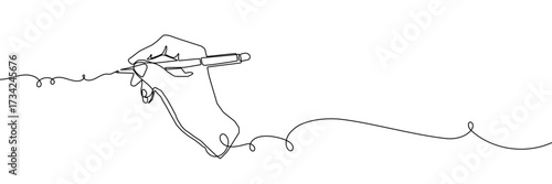 Continuous one line pen hand pencil write one art icon book journal sketch. Sign line pen hand vector signature letter notebook person background contract document single legal white school paper