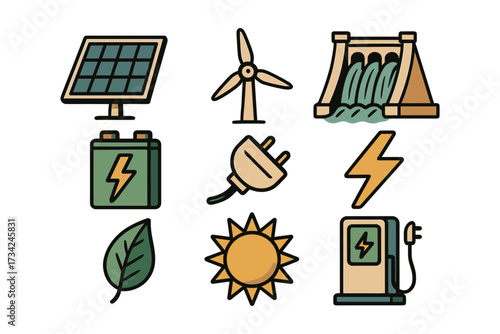 Renewable energy icons set featuring solar, wind, hydroelectric, and more in flat style