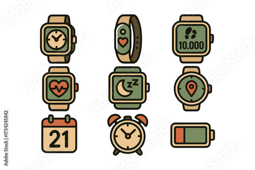Colorful wearable tech icons for smartwatch and fitness tracker designs