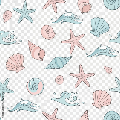 Hand drawn seamless pattern of pastel seashells starfish and waves. EPS Editable