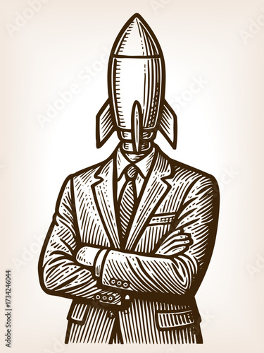 man in a suit with a rocket for a head, symbolizing ambition, innovation, and futuristic ideas sketch engraving generative ai fictional character vector illustration. Scratch board. Black and white.