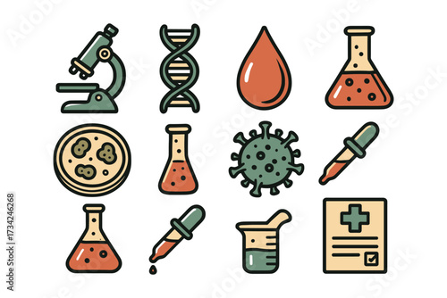 Flat style scientific icons set featuring microscope, dna, virus, and lab equipment