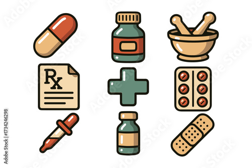 Pharmacy essentials and medicine icons in flat style