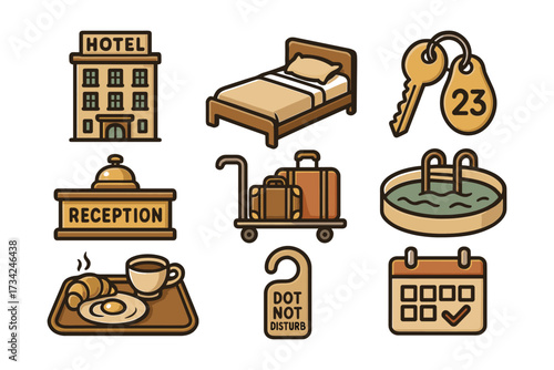 Hotel icons set with swimming pool, bell desk, and room keys in flat cartoon style